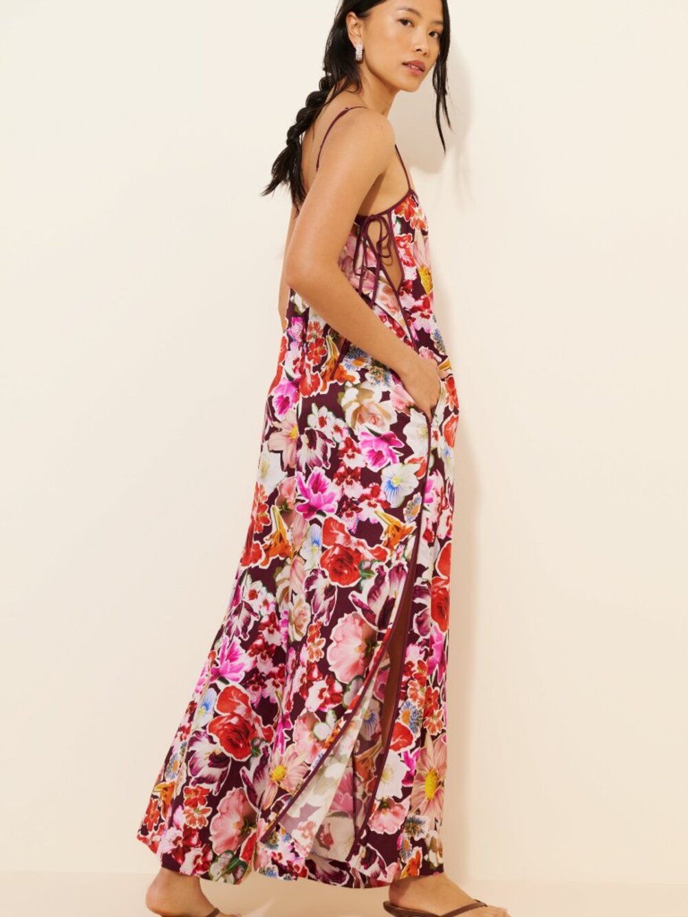 By Anthropologie Printed Wide Leg Floral Jumpsuit Burgundy Pink L - Picture 4 of 8